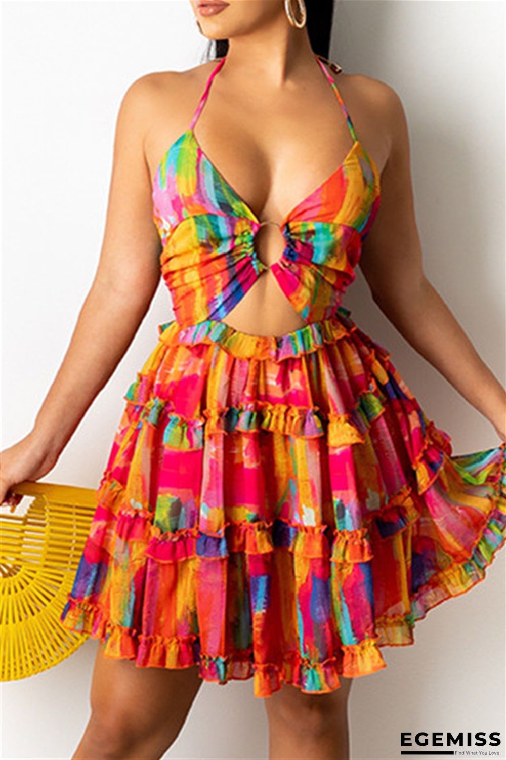 Colour Sexy Print Bandage Hollowed Out Backless Halter Sling Dress | EGEMISS