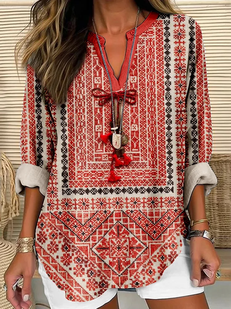 Traditional Tatreez Pattern Linen Blend Cozy Shirt
