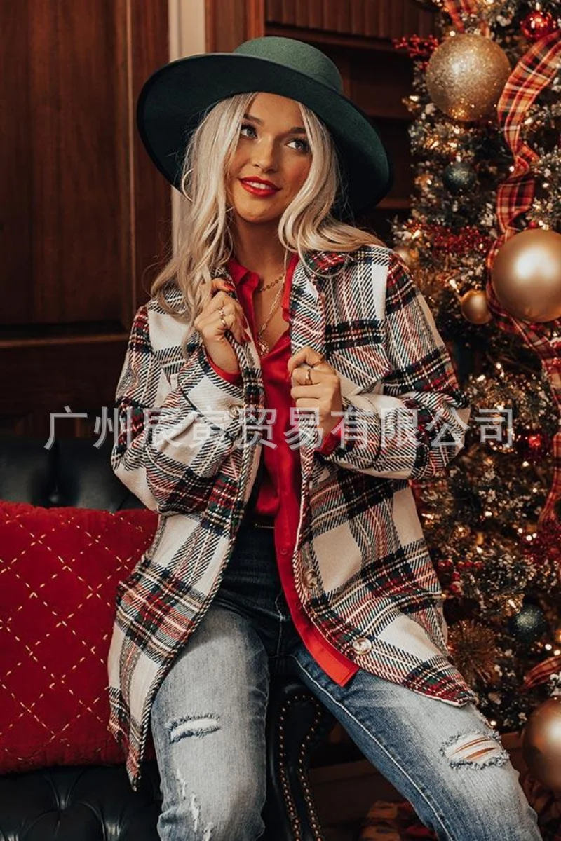 Woherb The Ins Winter Christmas Street Hipster Long Sleeve Lapel Loose Type Women's Fur Plaid Coat-Outfit Ideas