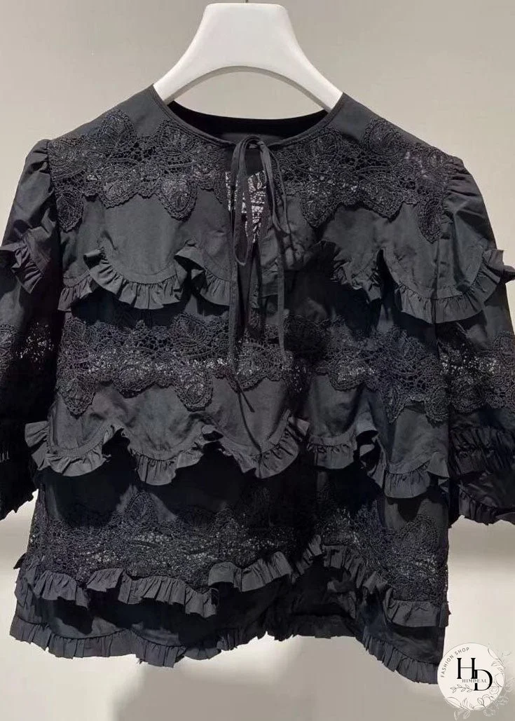 Unique Black Ruffled Lace Patchwork Cotton Shirt Top Summer