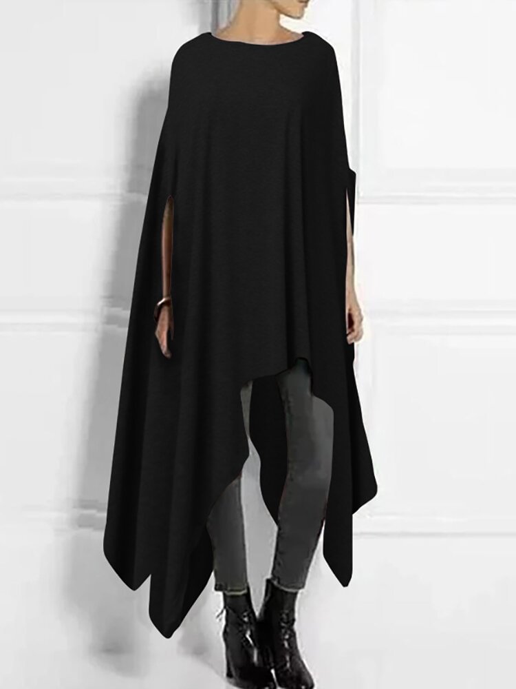 Casual Solid Color Half Sleeve Crew Neck Oversized Asymmetrical Long Caped Blouse P1596849