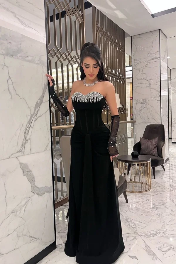 Drebella ZT0313 Black Velvet Sweetheart Strapless Long Prom Dress With Lace  Gloves And Sequins Beadings