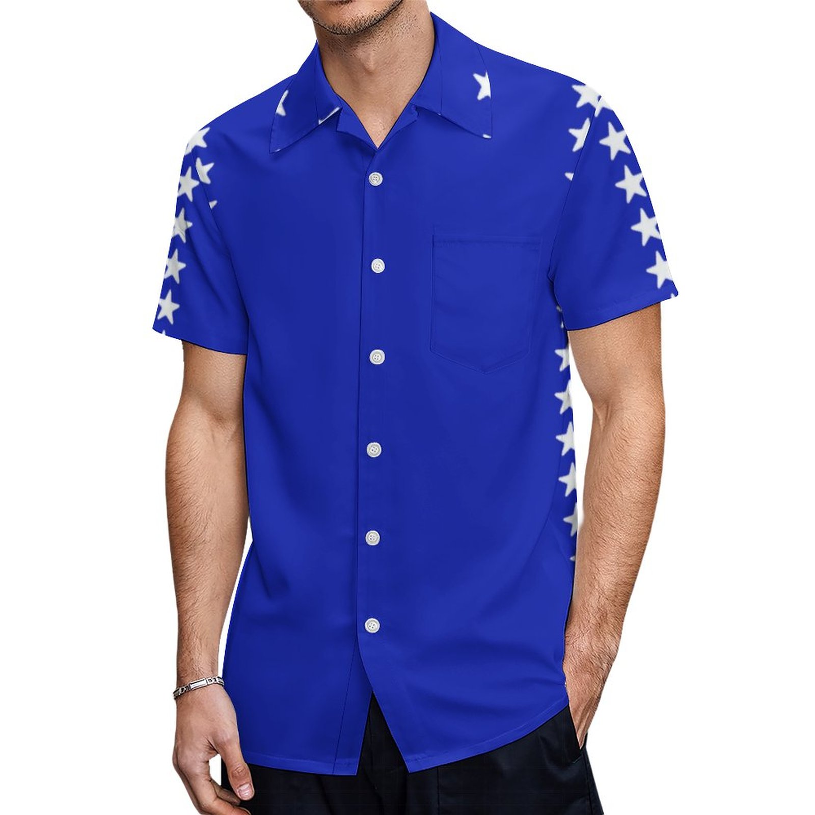 Glittering White Stars On Royal Blue Hawaiian Shirt Mens Button Down Plus Size Tropical Hawaii Beach Shirts