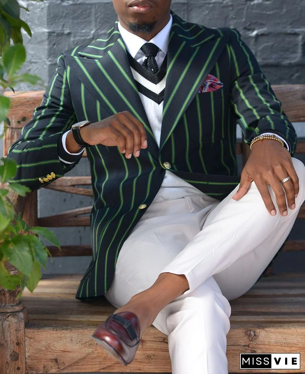 Business Contrast Striped Lapel Collar Two Button Chest Pocket Blazer
