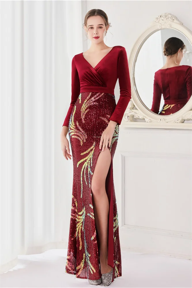 Luluslly Long Sleeves Mermaid Evening Dress Sequins V-Neck With Slit YE0078
