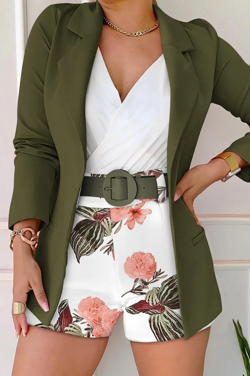 Army Green Casual Print With Belt Turn-back Collar Long Sleeve Two Pieces