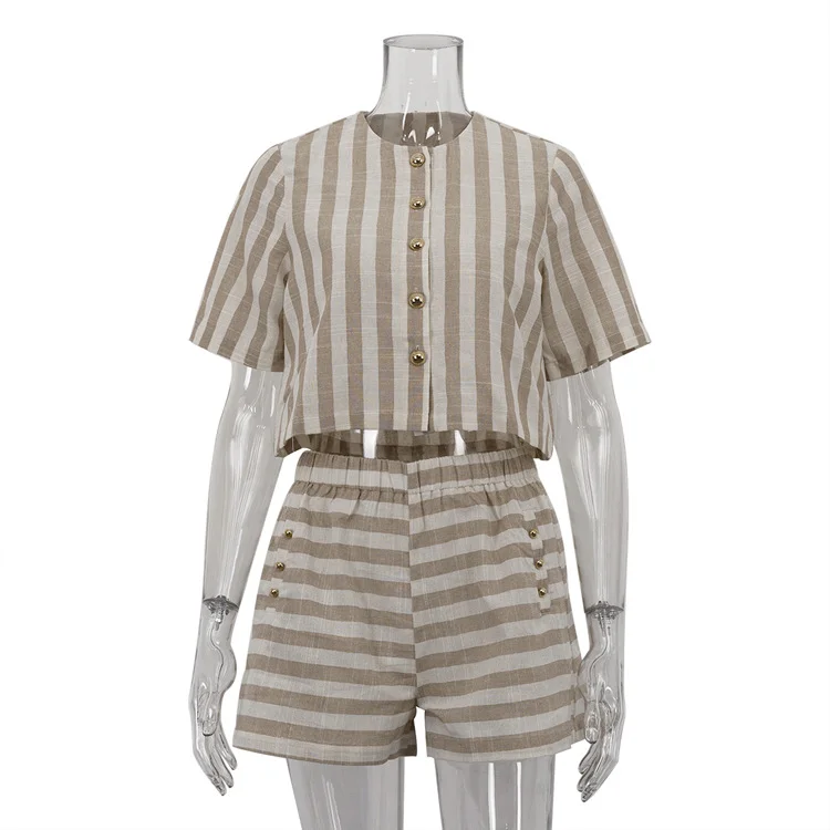 Ueong Ueong Women's Short Sleeve Striped Shirt Shorts Set Stylish Loose Breathable Two-Piece Set