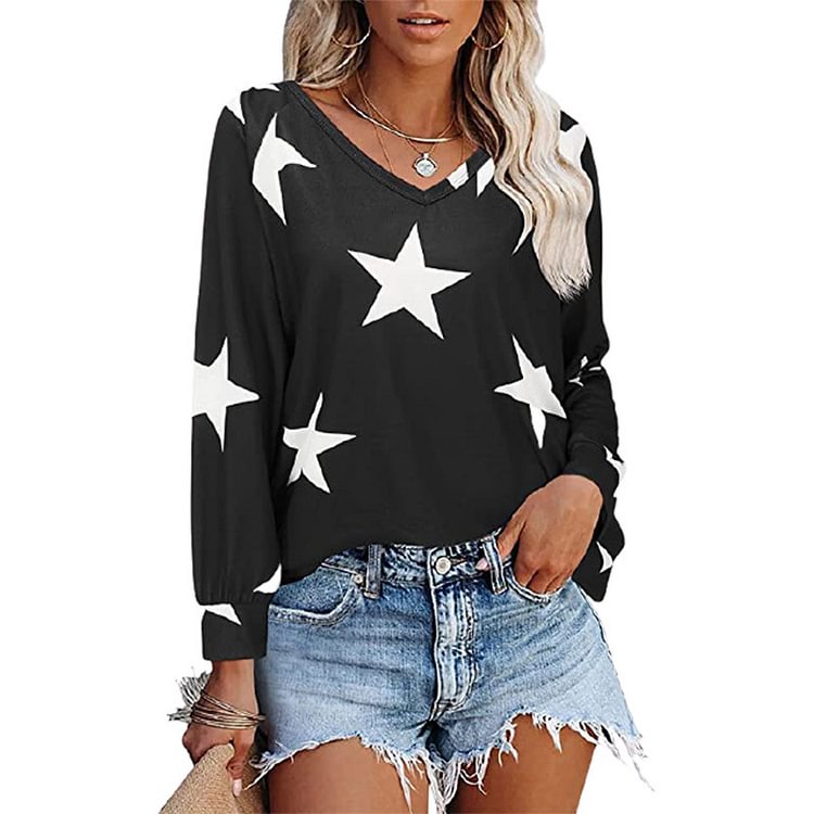 Women's  Fall/Winter  Style Five-Pointed Star Print V-Neck Long-Sleeved Sweater T-Shirt