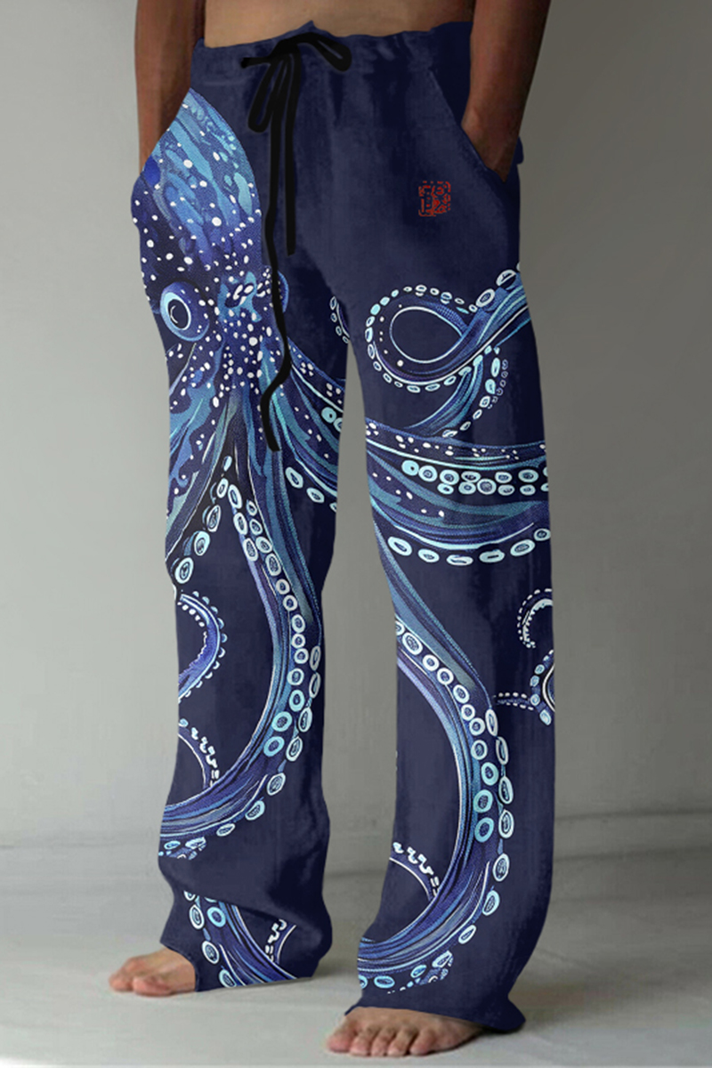 Comstylish Japanese Art Octopus Print Casual Linen Blend Pants