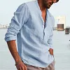 Men's Shirt Linen Shirt Maroon Shirt Solid Color V Neck White Black Gray Wine Army Green Long Sleeve Daily Vacation Tee by Inlyline