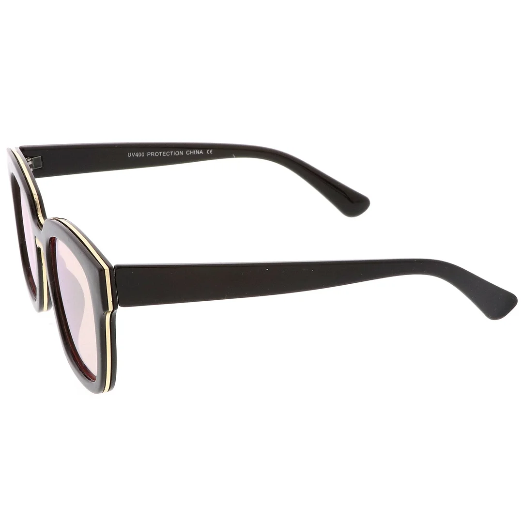 Modern Metal Trim Bridge Square Mirror Flat Lens Horn Rimmed glasses 50mm