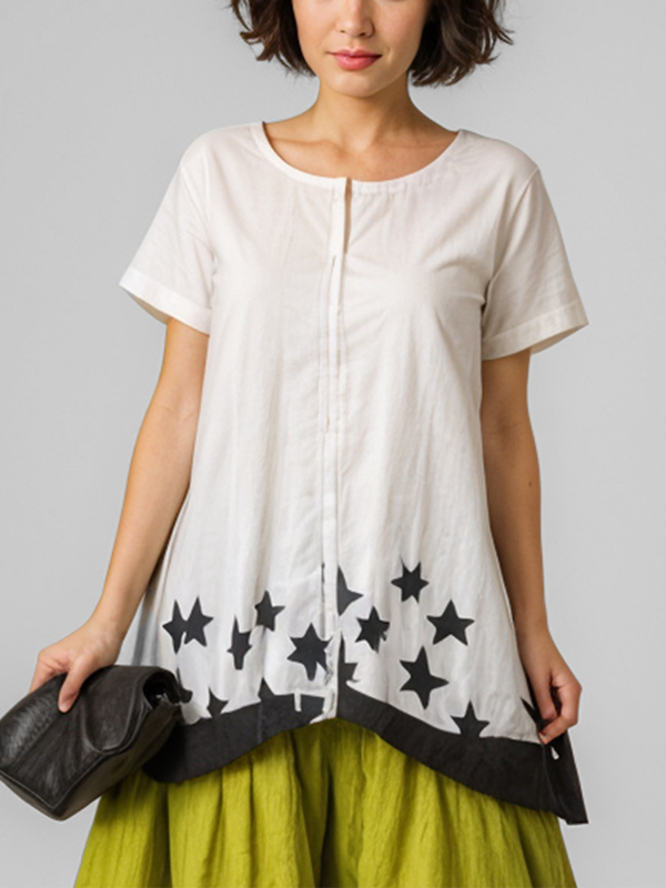Short Sleeve Stars Pattern Asymmetrical Hem Blouses