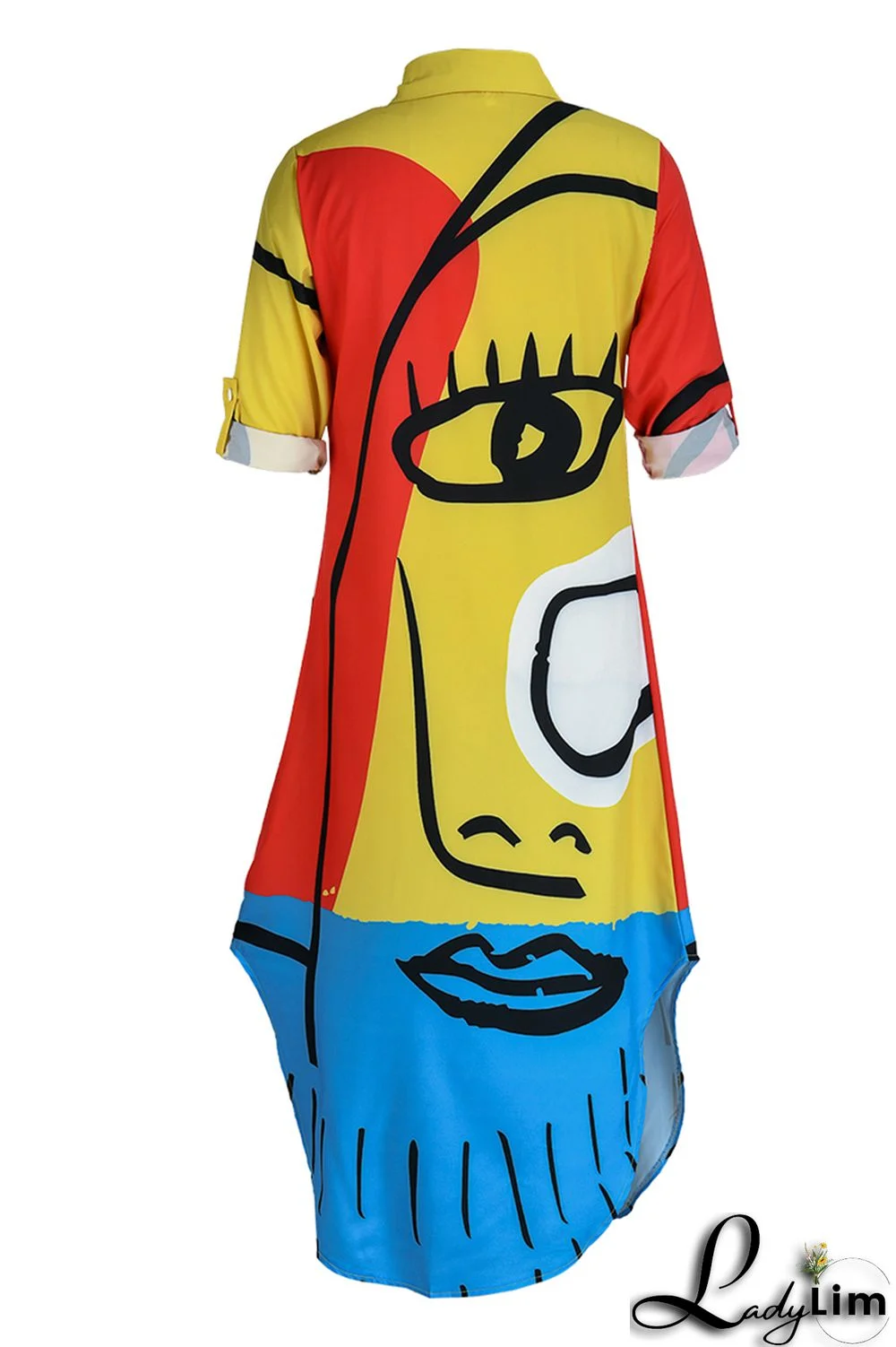 Cream White Fashion Casual Print Slit Turndown Collar Shirt Dress