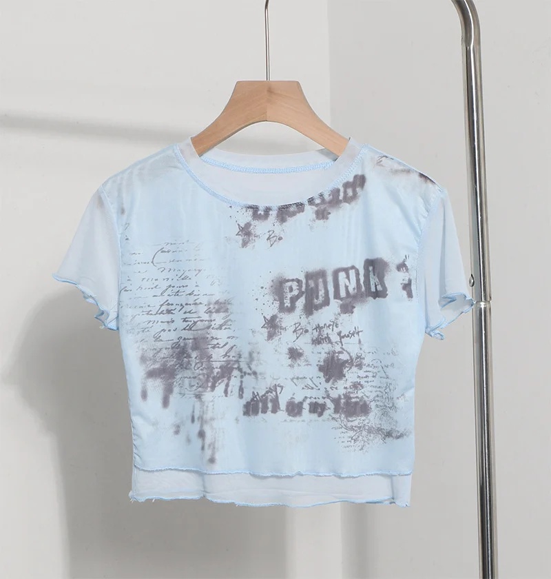 Uveng Vintage Wood Ear-Print Letter-Printing Mesh T-Shirt Summer Thin Short-Navel Blouse 8832