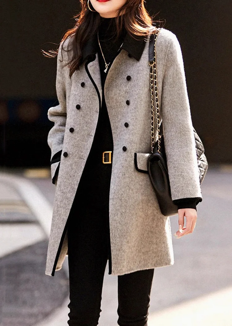 French Grey Double Breast Pockets Patchwork Woolen Coats Fall