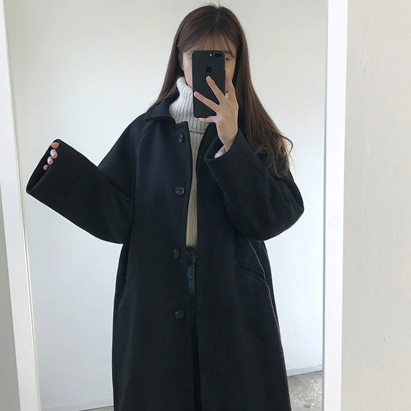 suoifun Long Office Lady Solid Full Loose 2021 New Fashion Women Autumn Winter Korean Single Wool Blend Coat Outwear Overcoats