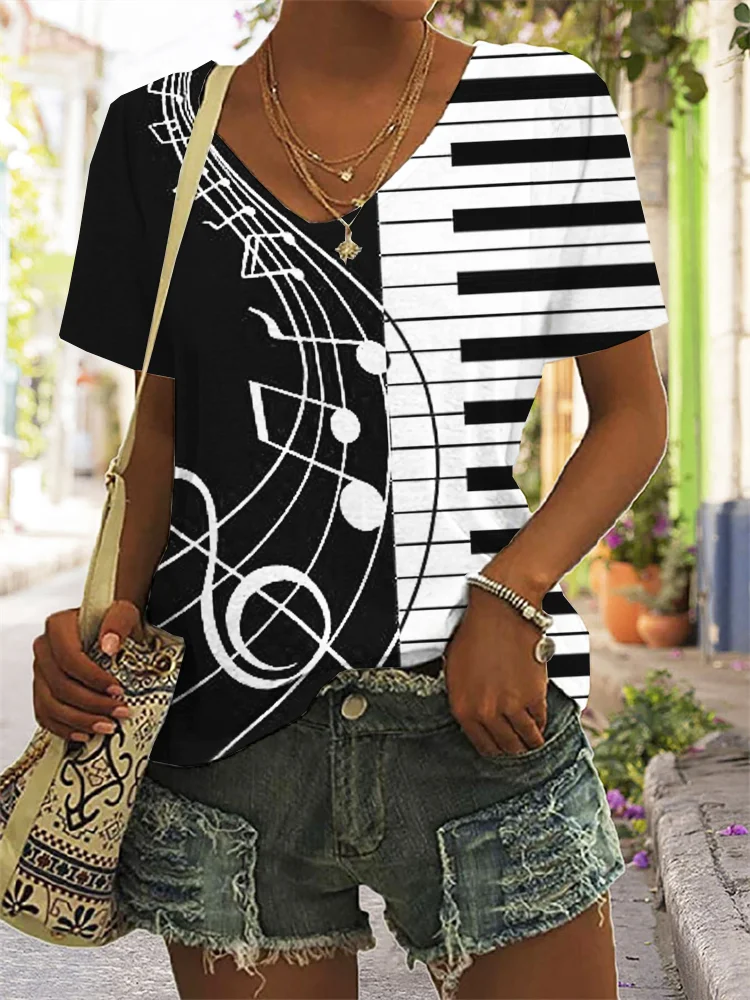 Musical Notes Piano Keys Contrast T Shirt