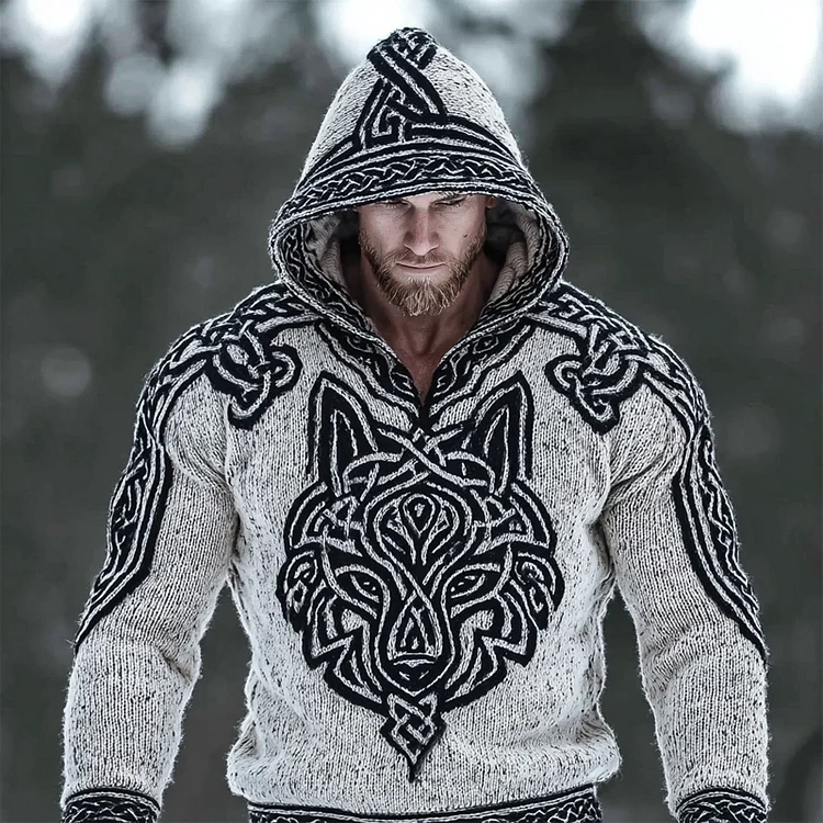 Men's Viking Wolf Inspired Celtic Cozy Knit Hooded Sweater