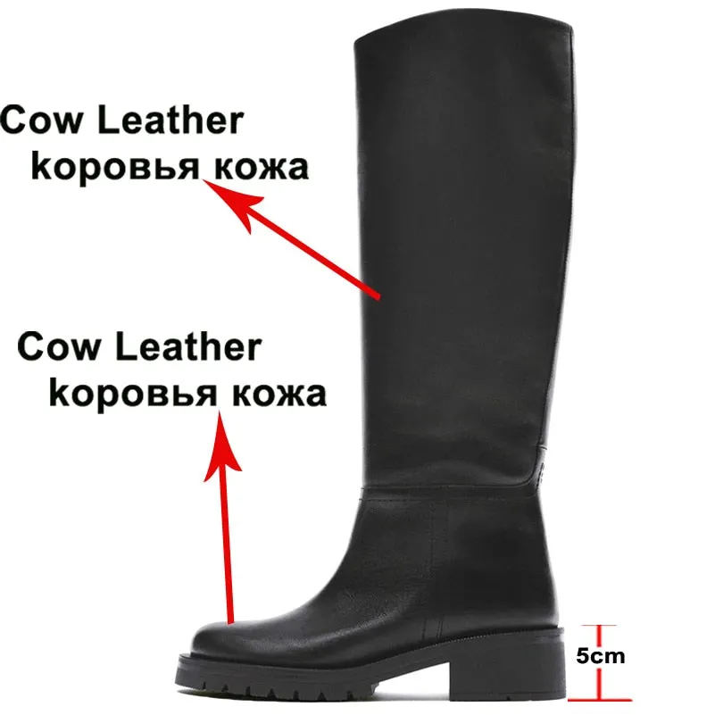 Meotina Women Genuine Leather Boots Round Toe Thick High Heel Platform Ladies Boots Knee High Boots Autumn Winter Apricot 34-42