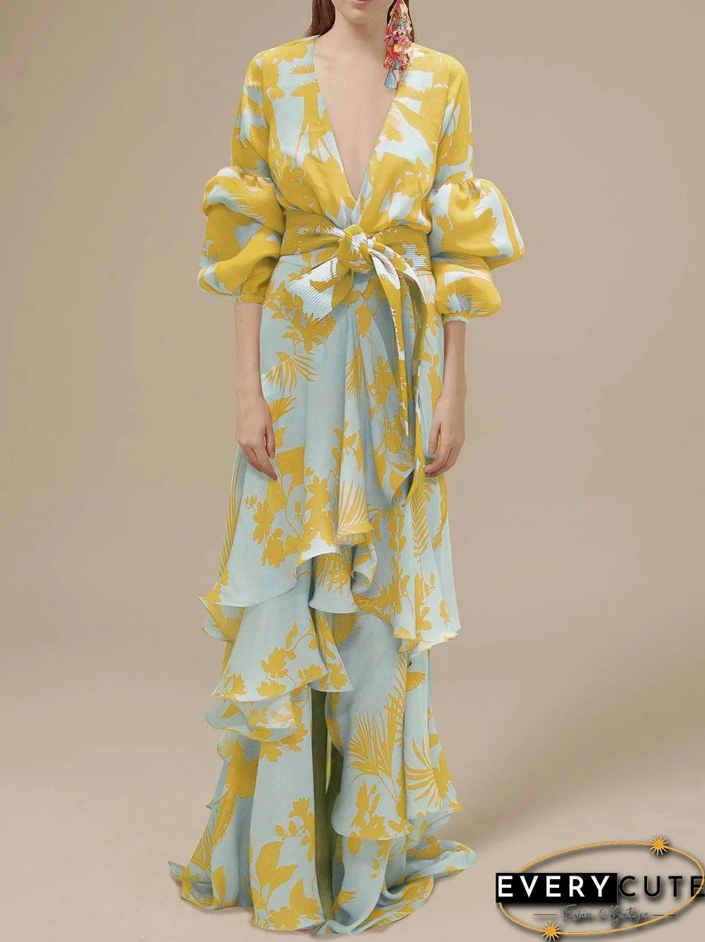 Women'S Dresses Deep V Neck Irregular Boho Print Chiffon Dress