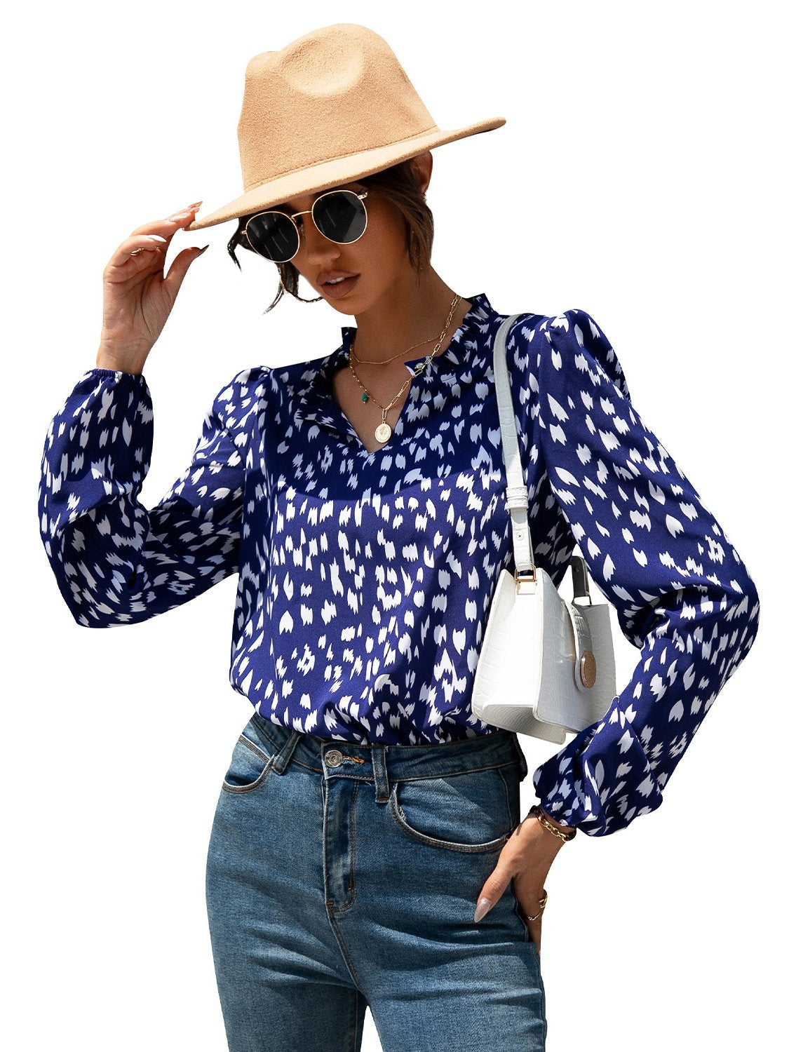 Ladies' V-neck Long Sleeve Floral Printed TOP