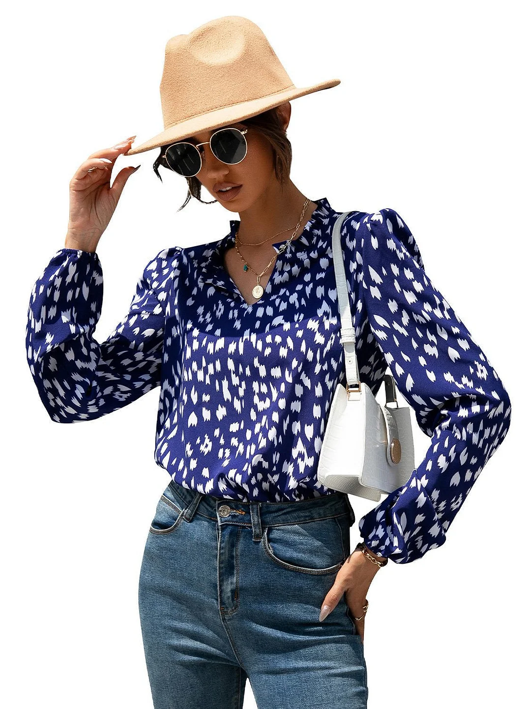 Ladies' V-neck Long Sleeve Floral Printed TOP