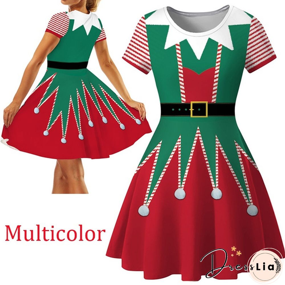 Christmas Deer Elk Snowman Print Short Sleeve Dress Xmas Santa Claus Women Dress