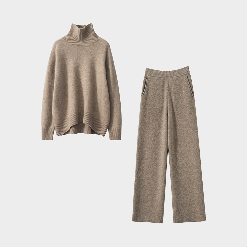 Women's Modern Minimalist Taupe Cashmere Sweater and Pants Set | Luxurious Pure Cashmere REAL SILK LIFE