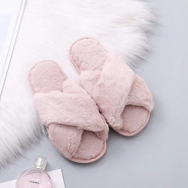 Women Fluffy House Slippers Cozy Faux Fur Cross Floor Indoor Slides Female Slip On Furry Flip Flops Warm Shoes Home Slippers