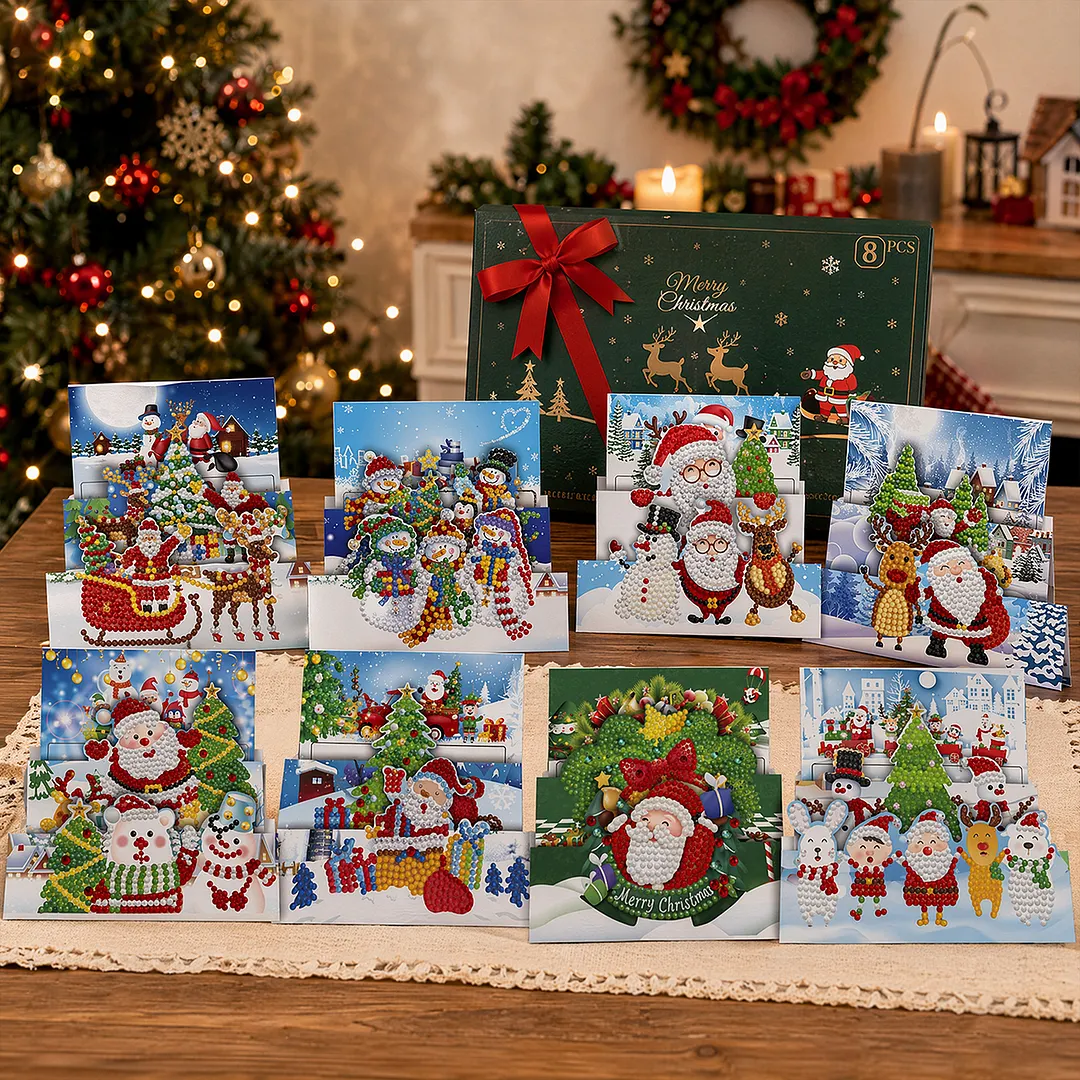 8PCS Santa Claus DIY Diamond Painting Greeting Card Kits with Envelopes Diamond Art Greeting Cards Diamond Art Cards Kits for Adults DIY Crafts Family Friend Gifts