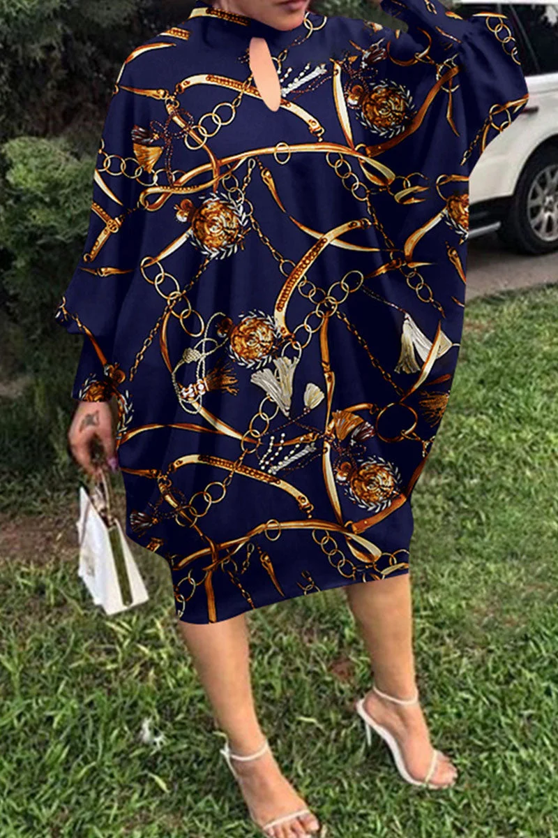 Fashion Casual Print Hollowed Out Half A Turtleneck Long Sleeve Dresses