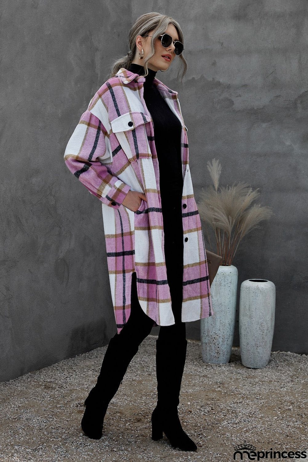 Khaki Turn-down Collar Pocket Button Plaid Coat