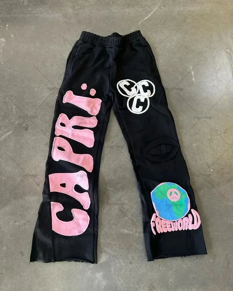 Aonga 90s Streetwear Y2k American Colorful Fashionable Wide-leg Pants Letter Embroidered Knitted Pants Men Retro Casual Oversized Trousers Women aonga