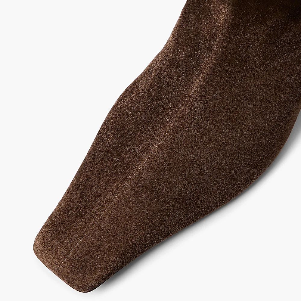 Brown Vegan Suede Square Toe Booties for Women with Chunky Heel