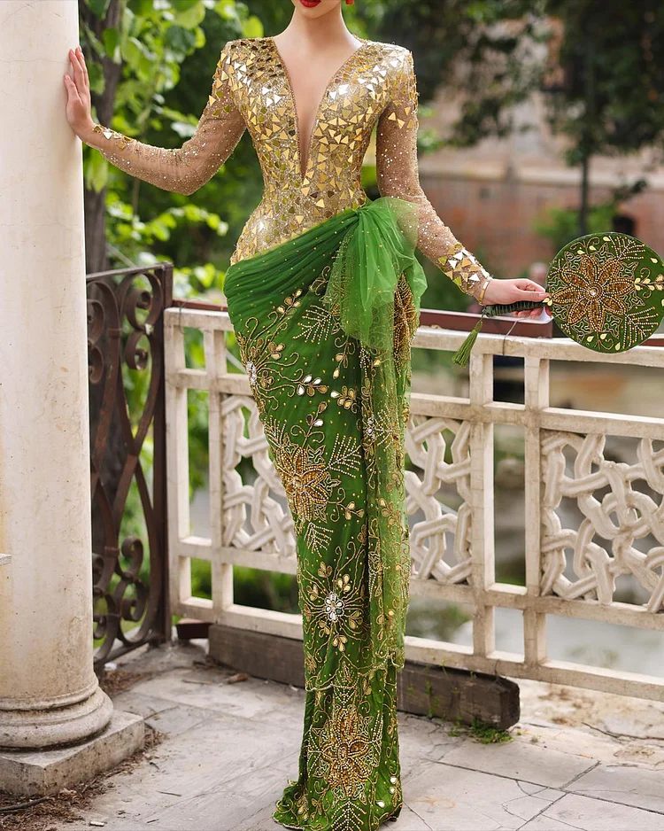 Women's V-neck mesh embroidery Dress