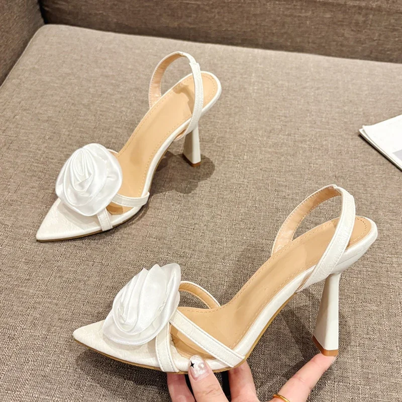 2025 Summer Fashion Silk Rose Flowers Pointed Open Toe Back Strap Sandals Women Red High Heels Wedding Prom Shoes sex pumps