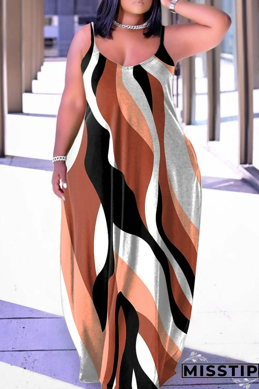Coffee Sexy Casual Print Backless Spaghetti Strap Sleeveless Dress Dresses