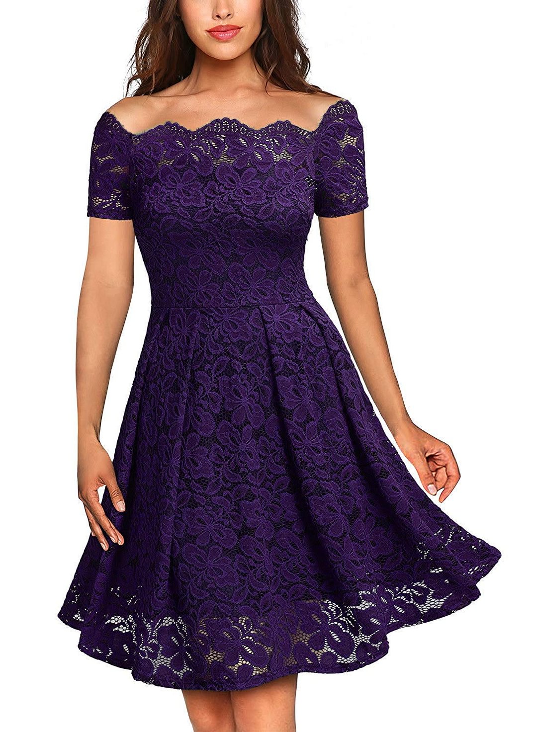 Women's Vintage Floral Lace Short Sleeve Boat Neck Cocktail Party Swing Dress