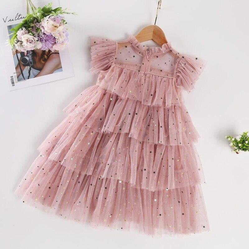 Lace Princess Dress For Girls Summer Short Sleeve Ruffle Dresses Up Kids Children Star Sequin Tulle Layers Wedding Party Costume
