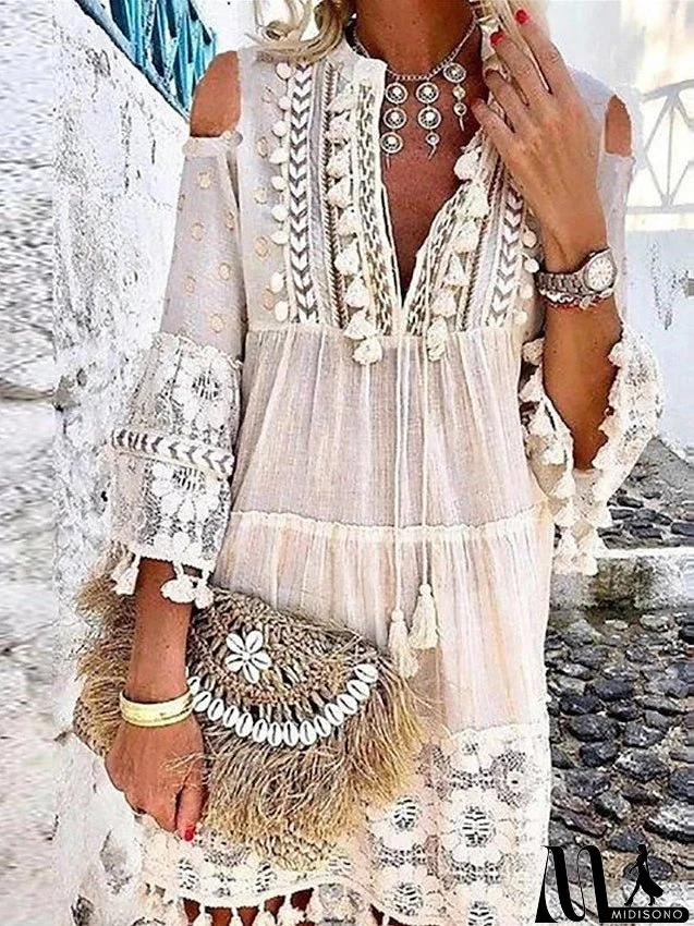 Casual Dress Lace Dress White Dress Midi Dress Lace Patchwork Daily Holiday Vacation Streetwear Basic V Neck Long Sleeve Loose Fit White Color S M L XL XXL Size for Women