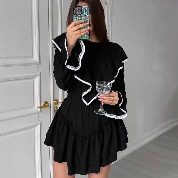 Churchf Churchf 2023 New Horn Sleeve Flounce Dress Women's Temperament Design Sense Little Black Dress
