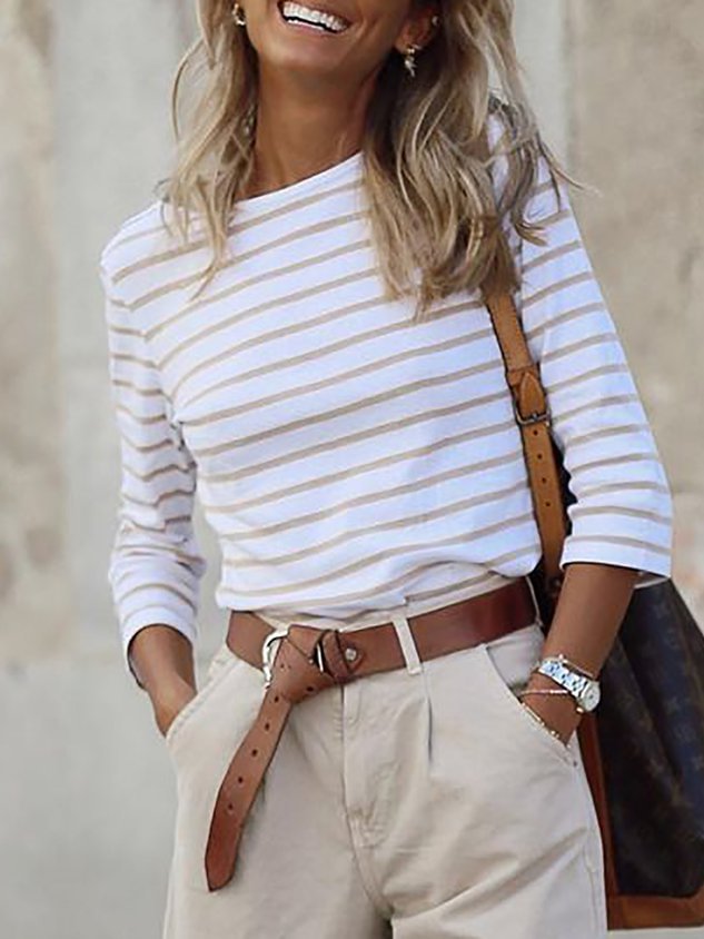 Casual Round Neck Cotton-Blend Striped Tops