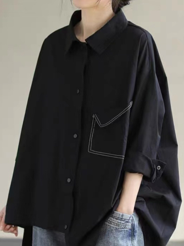 Contrast Stitched Pocket Button Up Casual Oversized Shirt