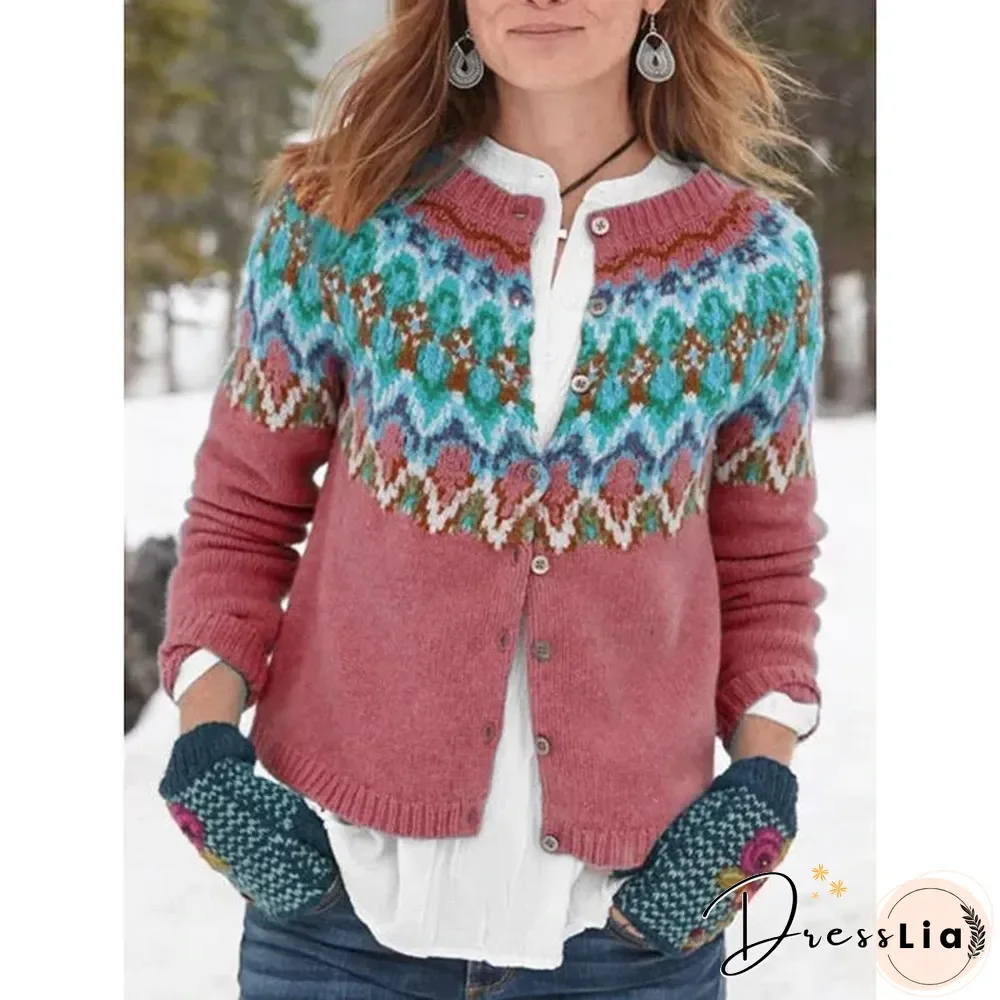 Crew Neck Long Sleeve Tribal Buttoned Women's Cardigans