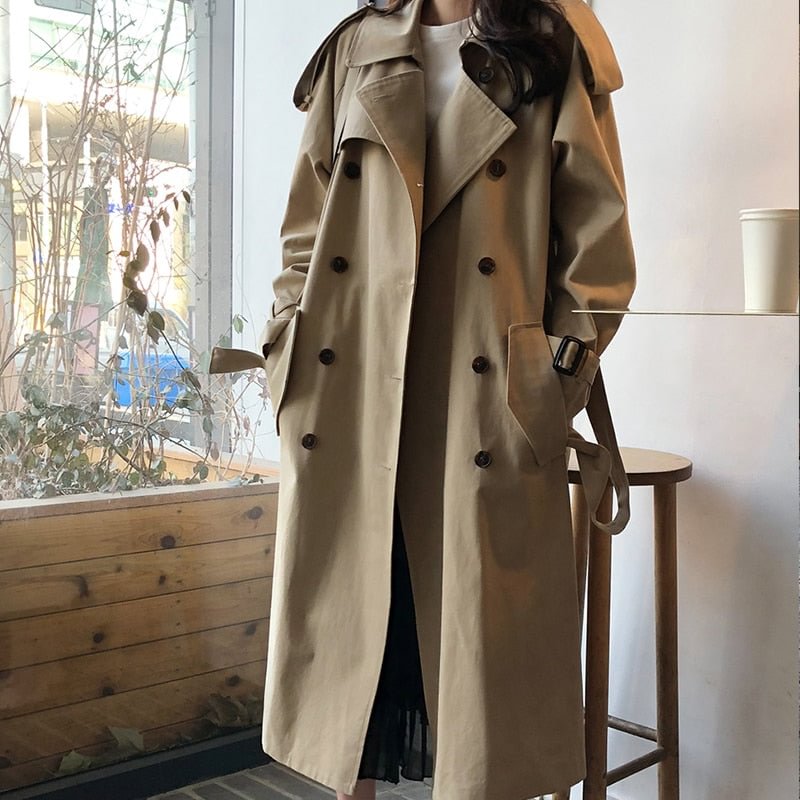New Spring Autumn Long Women Trench Coat Double Breasted Belted Lady Outerwear  Fashion  Khaki Loose Windbreaker