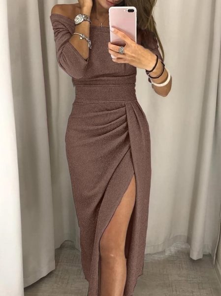 Women Off Shoulder Party dresses High Slit Bodycon Dress Long Sleeve Fashion Prom Dress Skirt Plus Size XS-8XL - Life is Beautiful for You - SheChoic