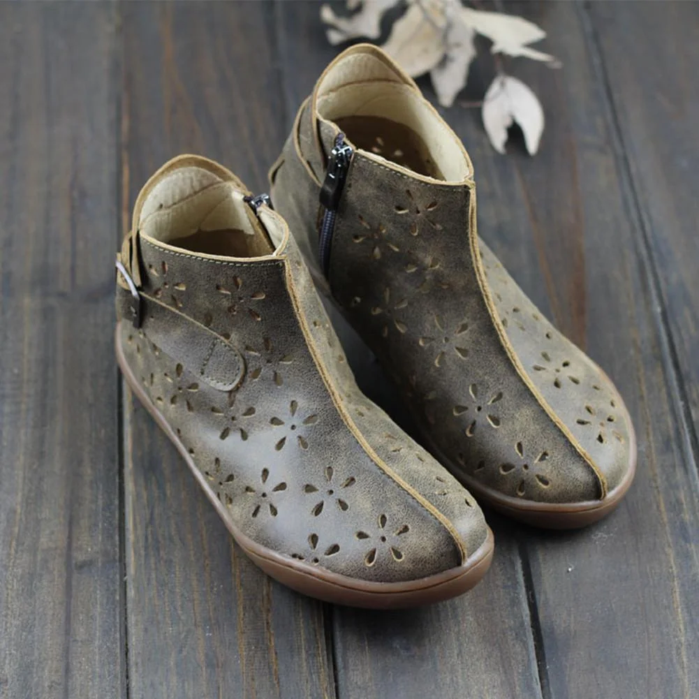Women Ankle Boots Leather Handmade Hollow Mori Girl Shoes Flats Grey
