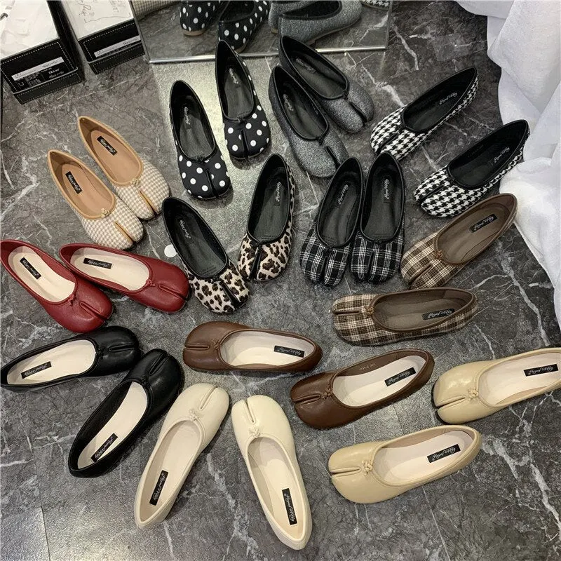 2021 Women's Comfy Flats Split Toe Trotter Shoes Autumn Single Lattice Flat Shoes Lazy Soft Loafers Ladies Moccasi Ninja Shoes