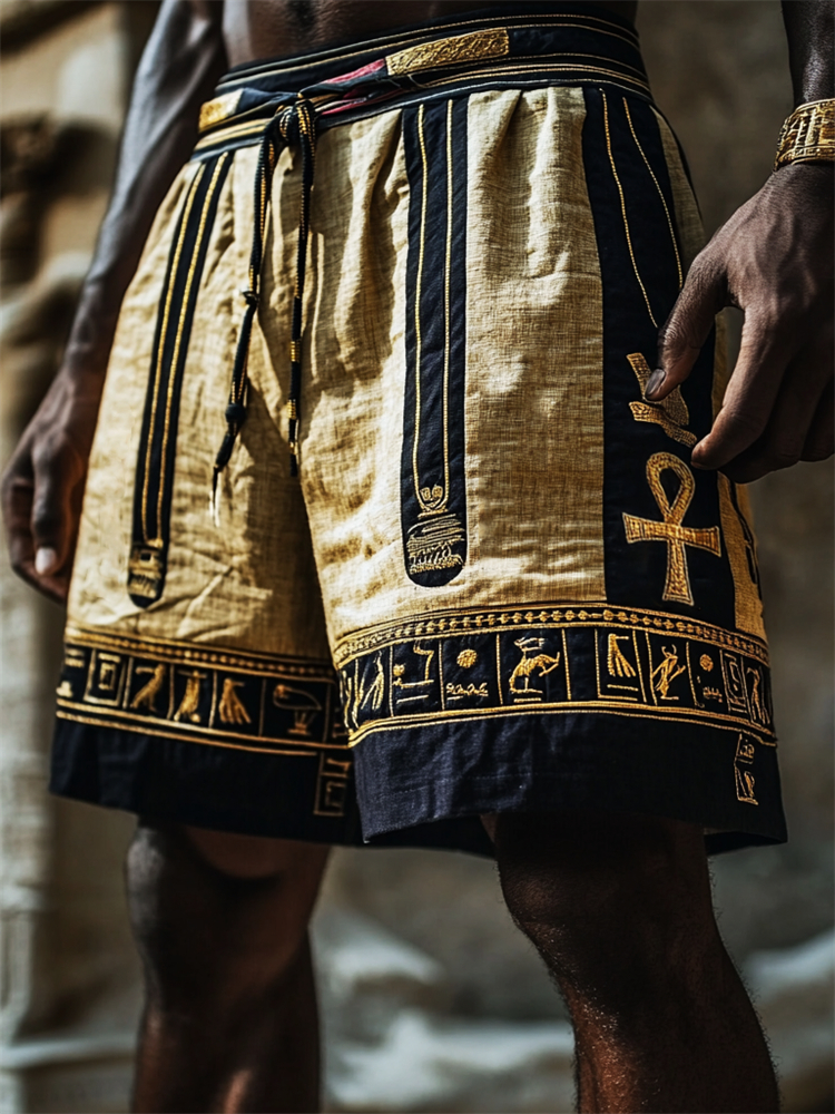 Men's Ankh Ancient Egyptian Embroidered Contrast Drawstring Linen Shorts