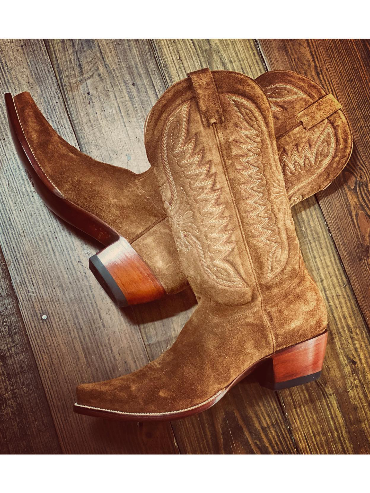 Taafo Brown Faux Suede Eagle And Heart Embroidery Snip-Toe Wide Mid Calf Tall Cowgirl Boots